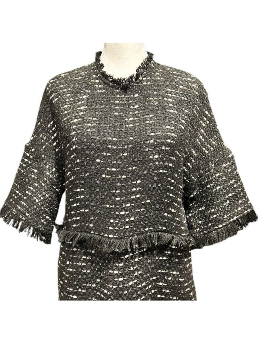 ZARA WOMAN Boucle Fringe Pullover Dress Long Tunic Black Gray White Size Small - Picture 2 of 6